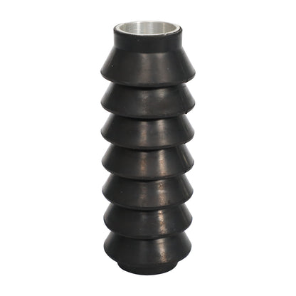 Black molded rubber bellows with multiple convolutions and a metal-lined end