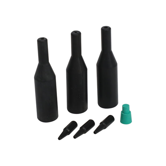 Assorted black molded rubber cable boots with tapered profiles