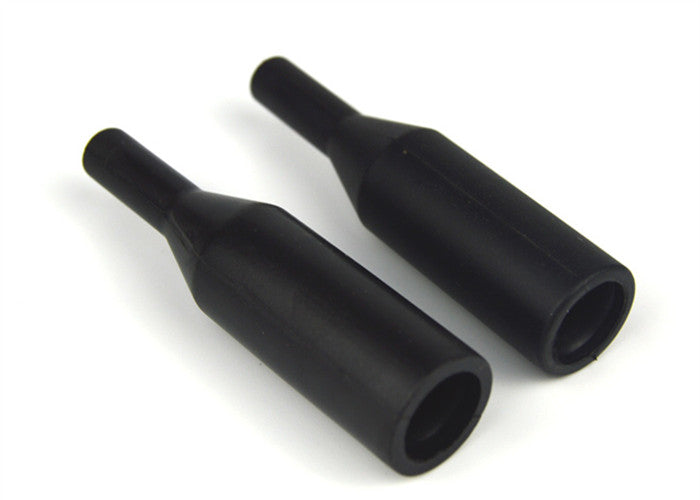Pair of black molded rubber cable boots with tapered bodies and stepped openings