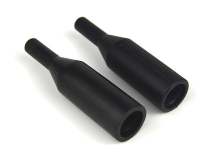 Pair of black molded rubber cable boots with tapered bodies and stepped openings