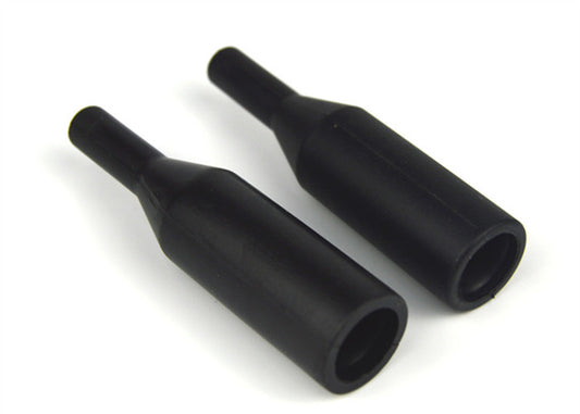 Pair of black molded rubber cable boots with tapered bodies and stepped openings
