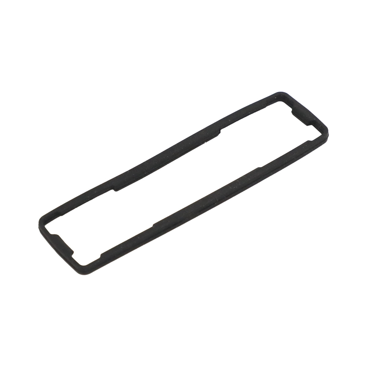 Black molded rectangular rubber frame gasket with rounded corners and relief notches