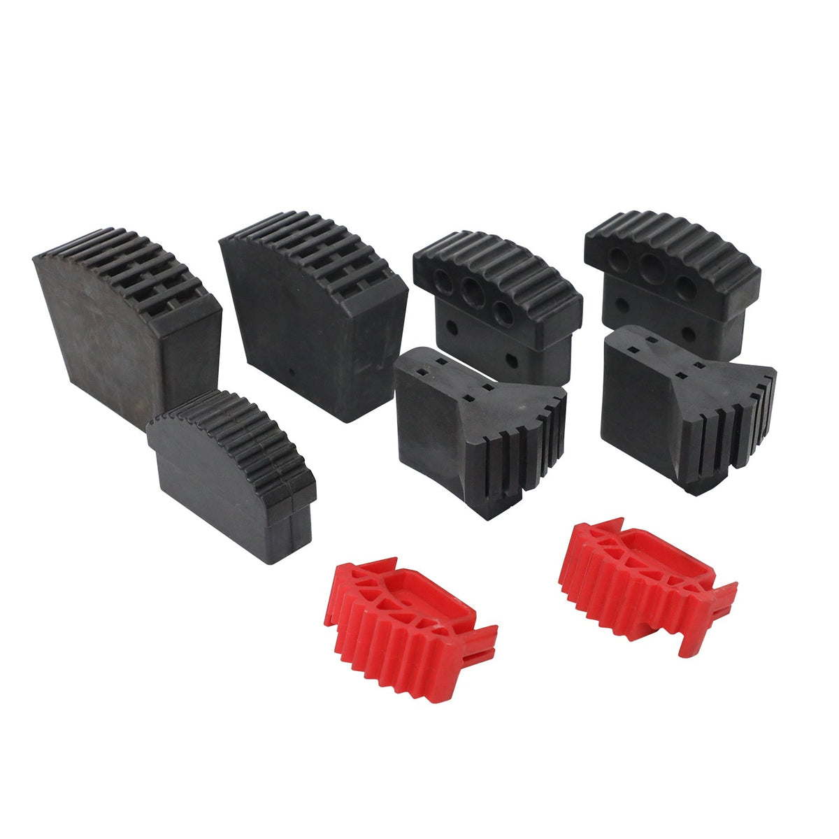 Assorted black and red molded feet with ribbed contact surfaces