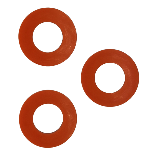 Molded orange rubber or polyurethane flat washers with central openings - family view