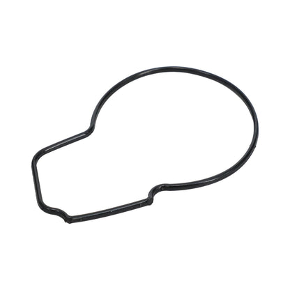 Black spliced round-cord rubber gasket with a circular perimeter and short rectangular extension