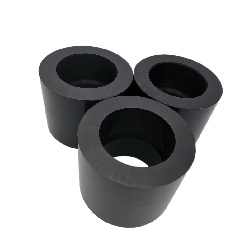Three black cylindrical molded rubber components with open center bores