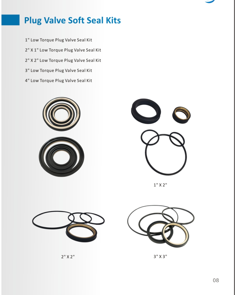 Reference page showing plug valve soft seal kits, including a 4 in low-torque kit listing