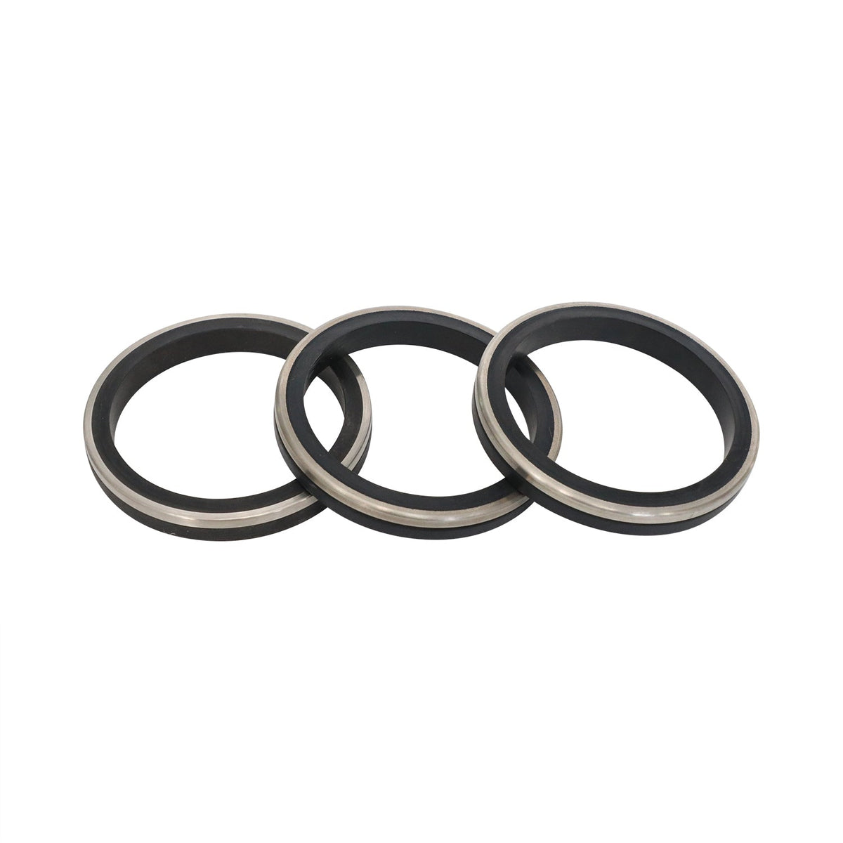 Three black rubber hammer union seal rings with visible metal backup bands