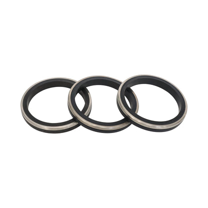 Three black rubber hammer union seal rings with visible metal backup bands
