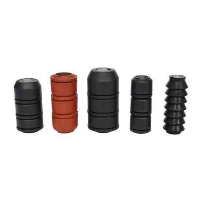 Five rubber oilfield swab cup profiles with visible metal cores