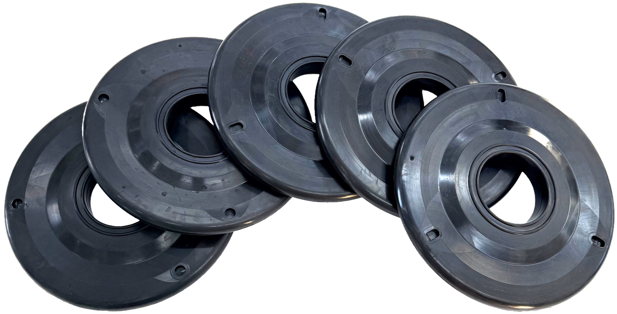Royal Way nine-inch pipe wiper rubber family shown as molded circular wipers with mounting holes