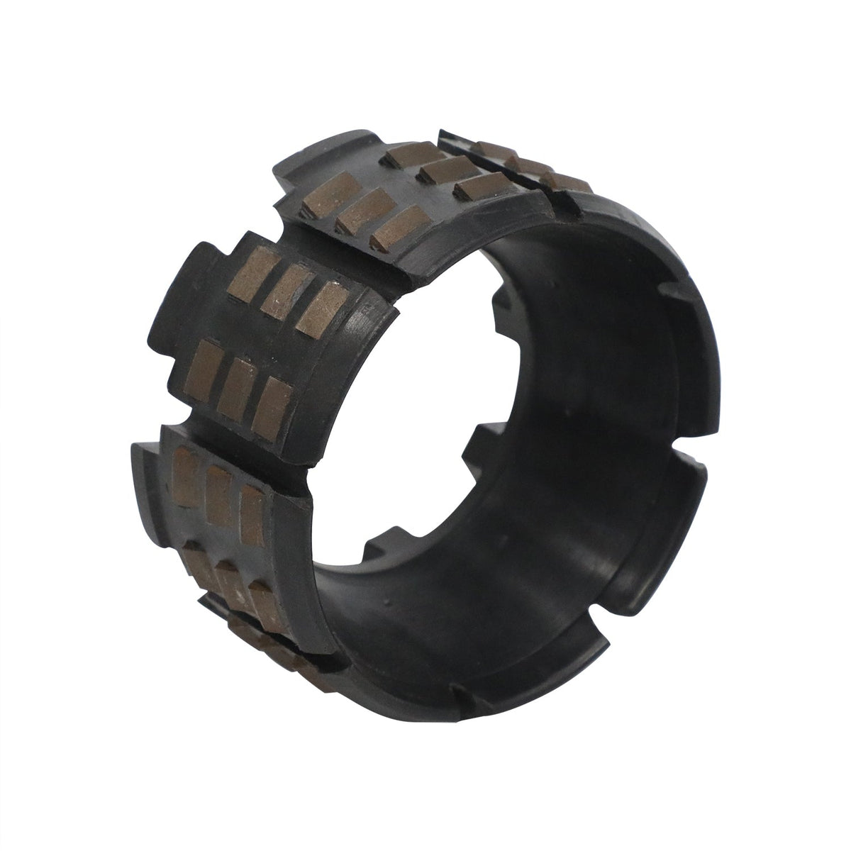 Black ring-shaped molded component with raised outer segments and rectangular inserts