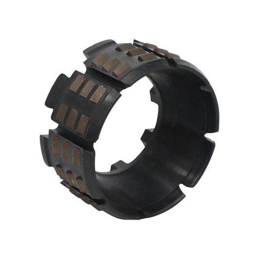 Black ring-shaped molded component with raised outer segments and rectangular inserts