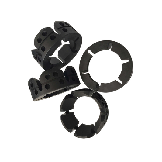 Black split-ring sucker rod guide components with flow-through holes