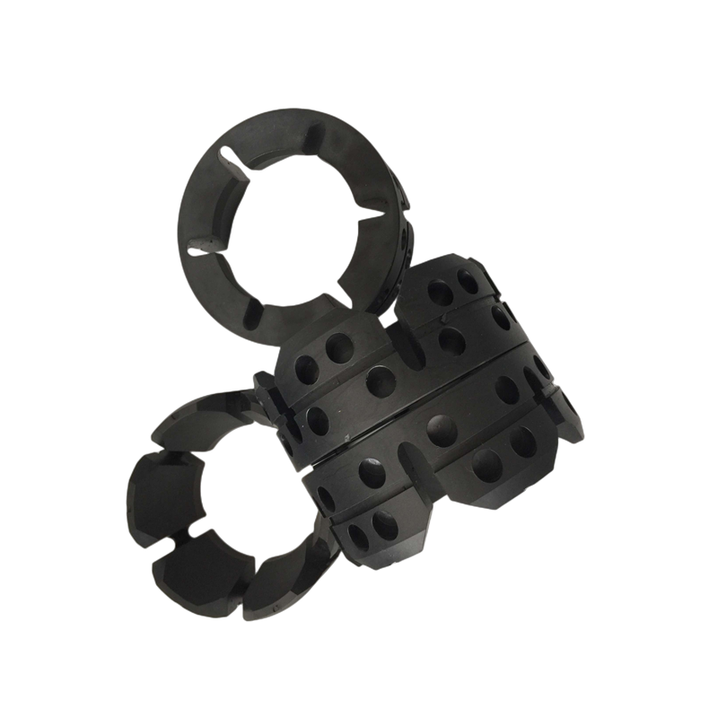 Snap-on sucker rod guide components with split-ring openings and flow-through holes