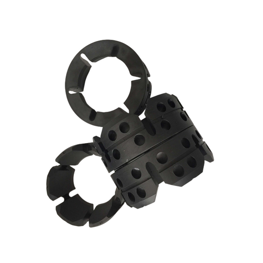 Snap-on sucker rod guide components with split-ring openings and flow-through holes