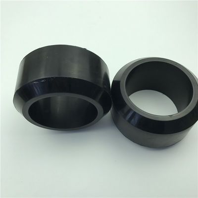 Pair of black tapered molded rubber ring components with central bores