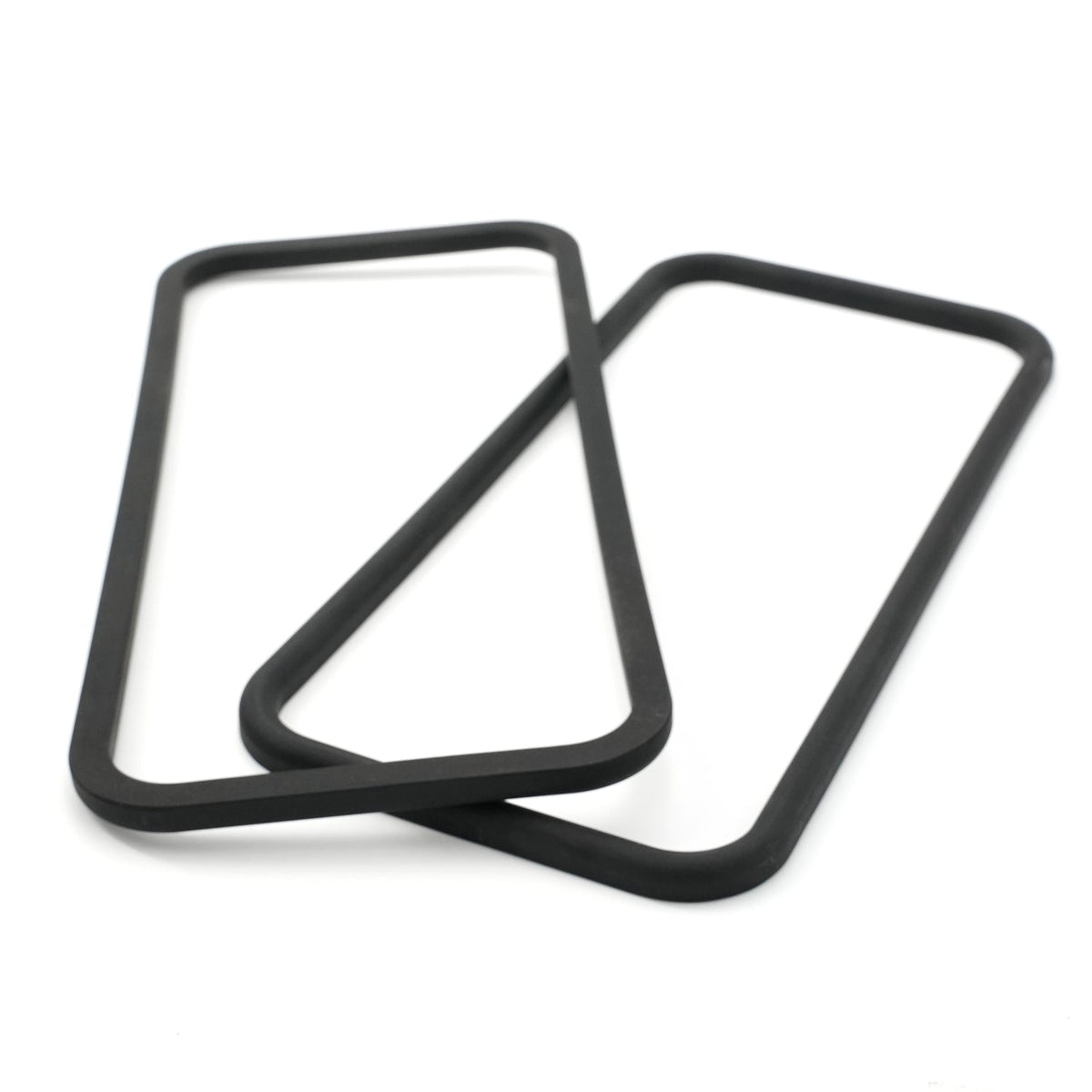 Two black molded rectangular rubber frame gaskets with rounded corners on a white background