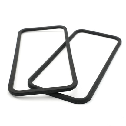 Two black molded rectangular rubber frame gaskets with rounded corners on a white background